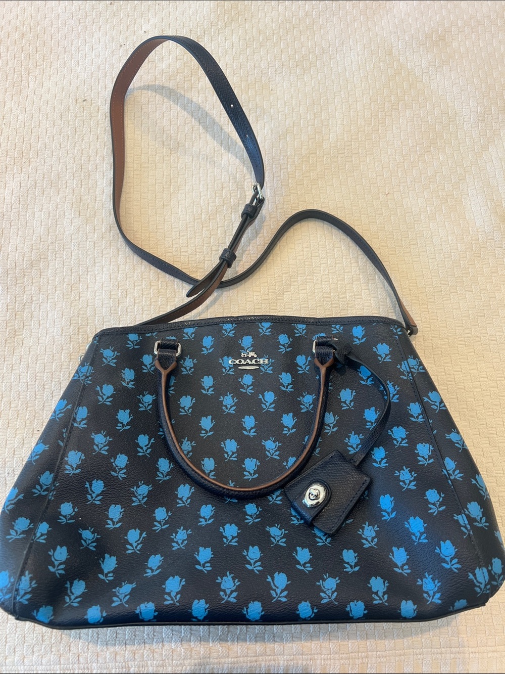 Coach Black Leather Satchel with Blue Floral Print